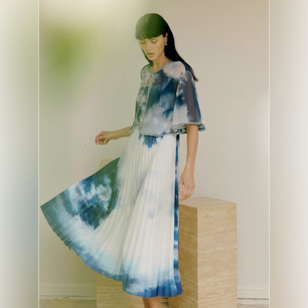 MARIUS Blue White Pleated Midi Dress Sky Print Size M Sleevless